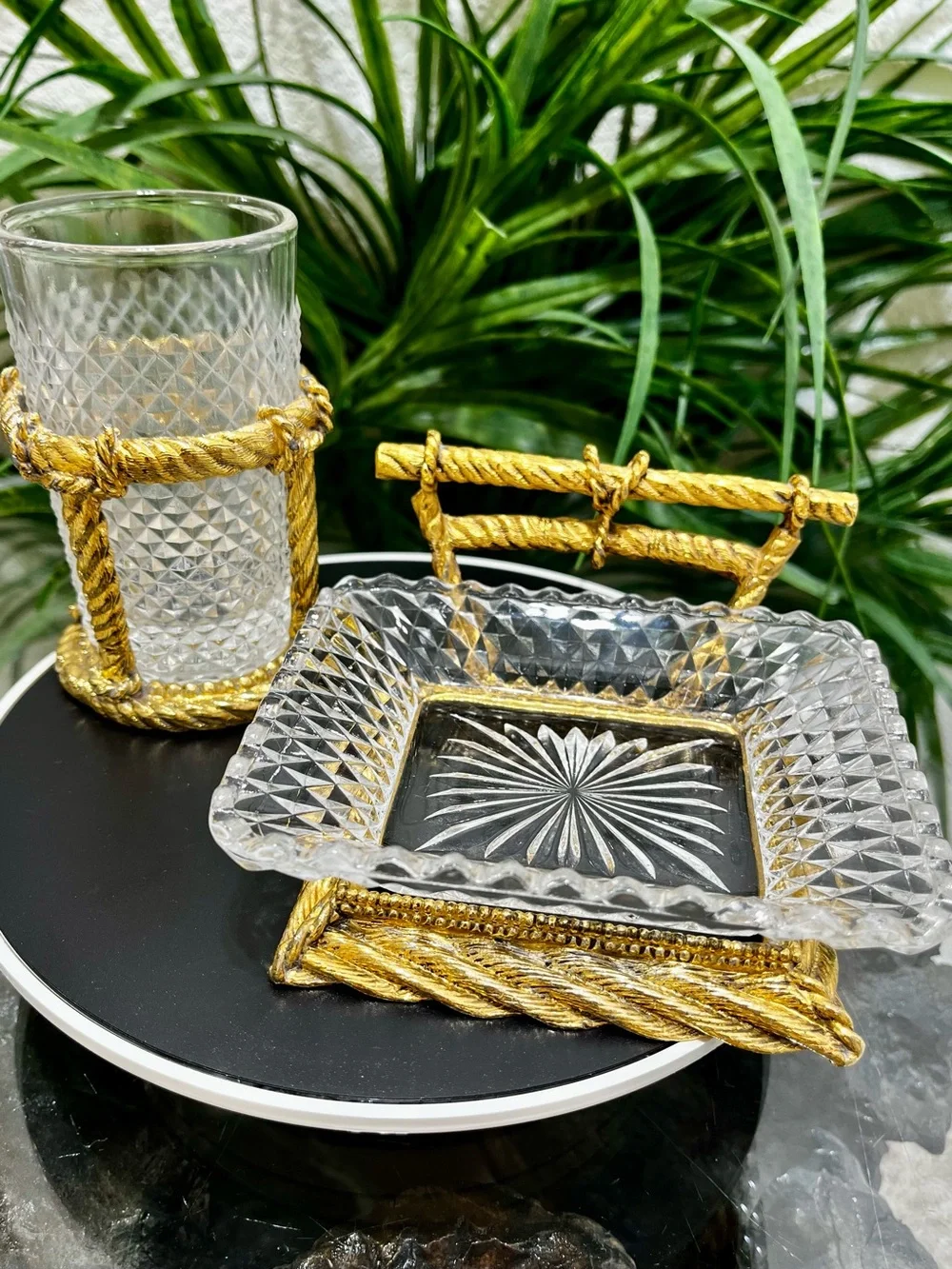 Vintage MCM Hollywood Regency Rope Braid Design Soap Dish and Glass Holder Set
